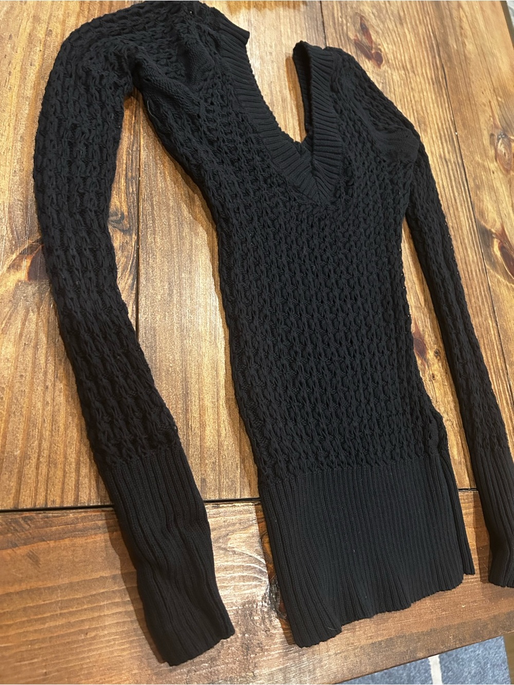 GUESS Y2K Black Open Knit Crochet V Neck Sweater Top Size S